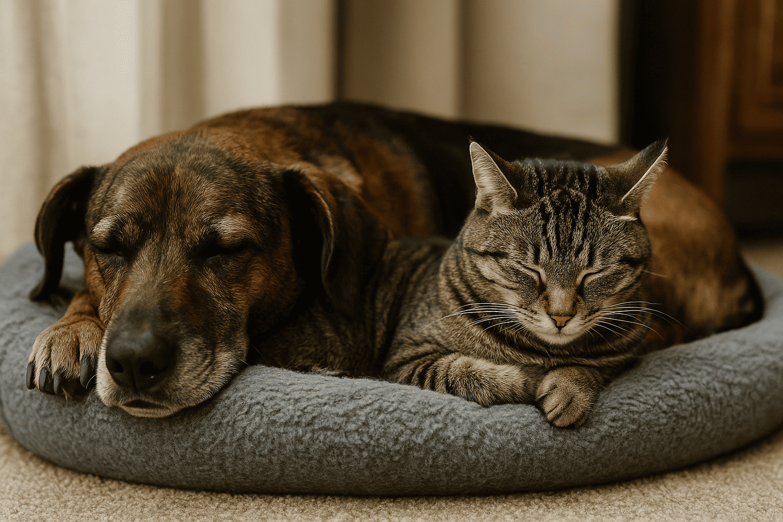 Perro y gato descansando juntos en una cama acogedora, representando compañía y consuelo mutuo.